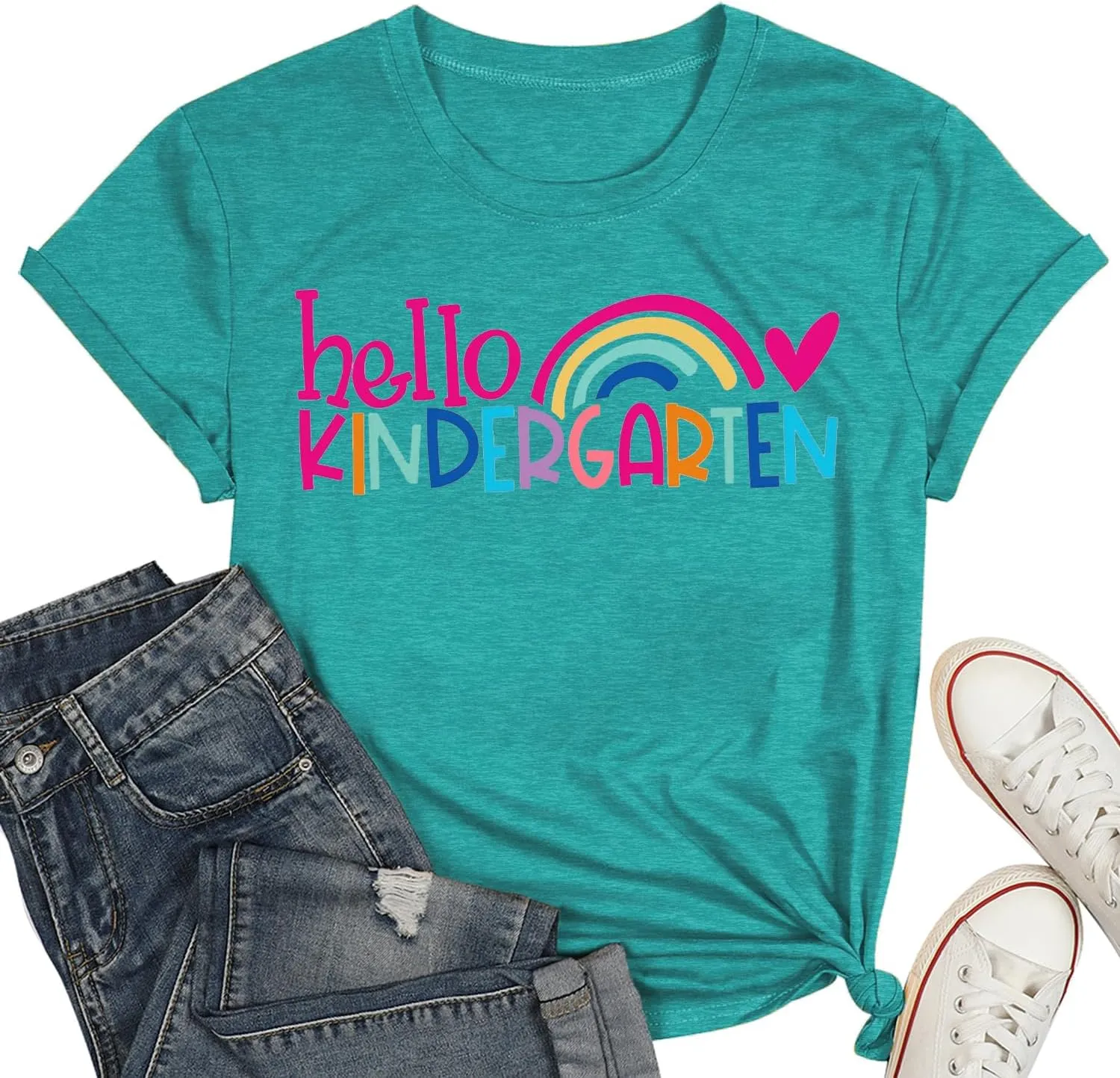 Kindergarten Teacher Shirts for Women Rainbow Kindergarten Teacher T-Shirt Hello Kindergarten Tee Tops