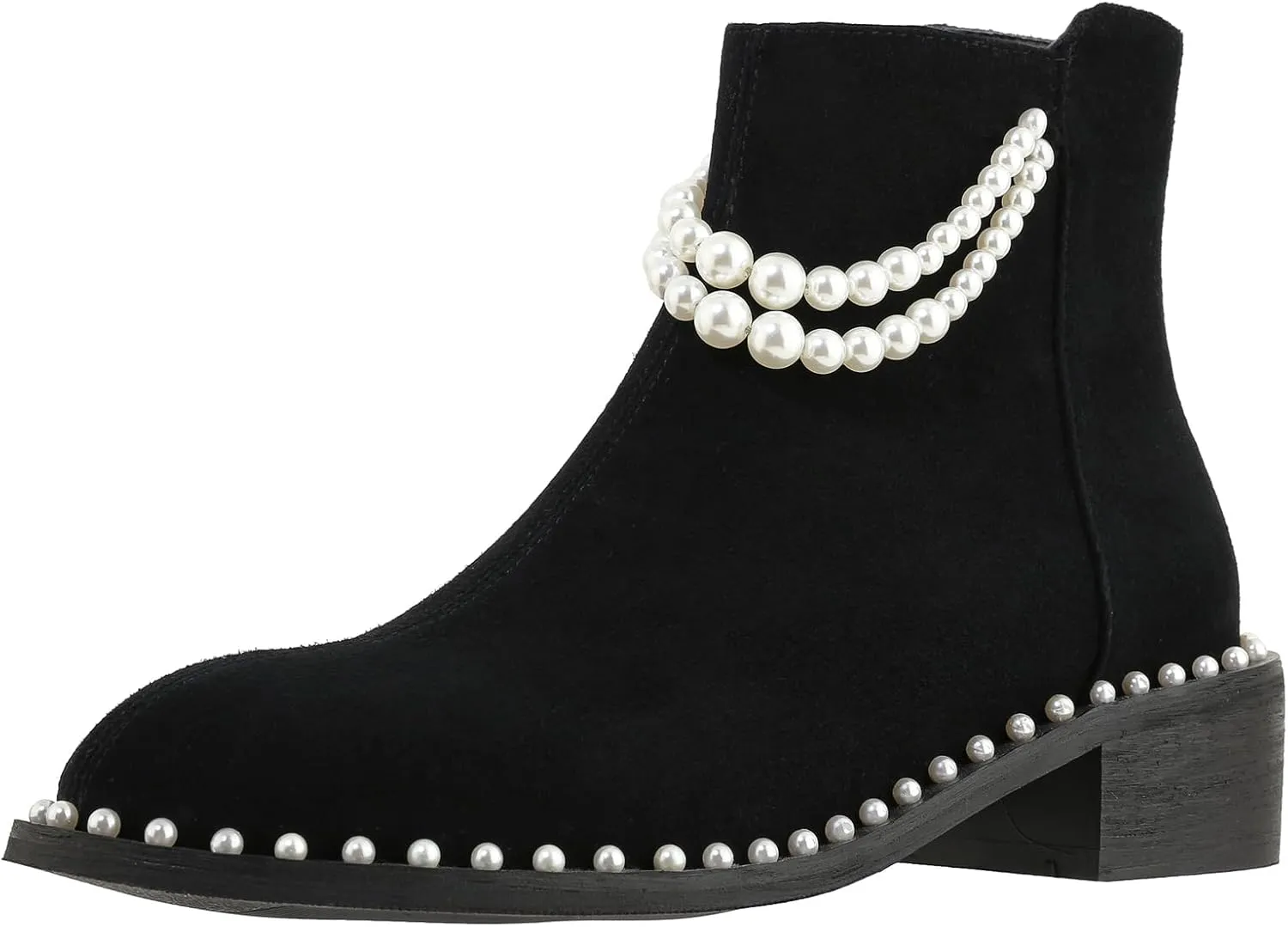 Kluolandi Pearl Embellished Ankle Boots for Women Chunky Low Heel Side Zipper Ankle Bootie Black Leather Boots