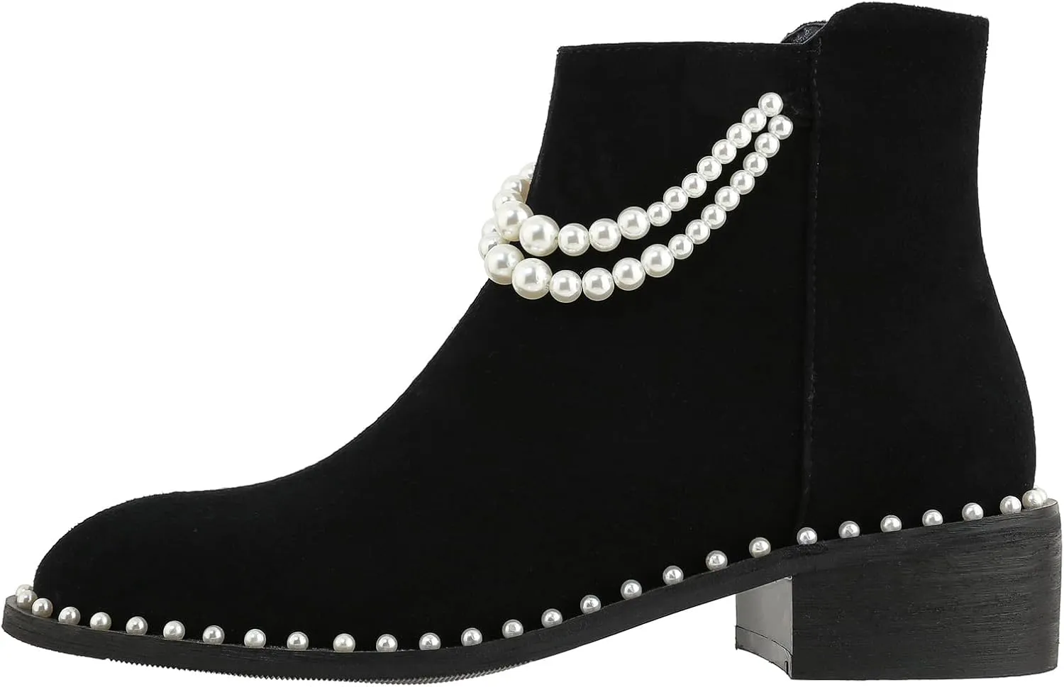 Kluolandi Pearl Embellished Ankle Boots for Women Chunky Low Heel Side Zipper Ankle Bootie Black Leather Boots