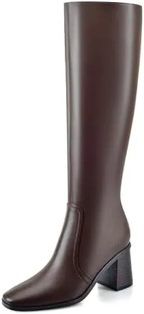 Knee High Boots for Women Chunky Heel Square Toe Tall Boots Wide Calf Fashion Long Boot with Side Zipper