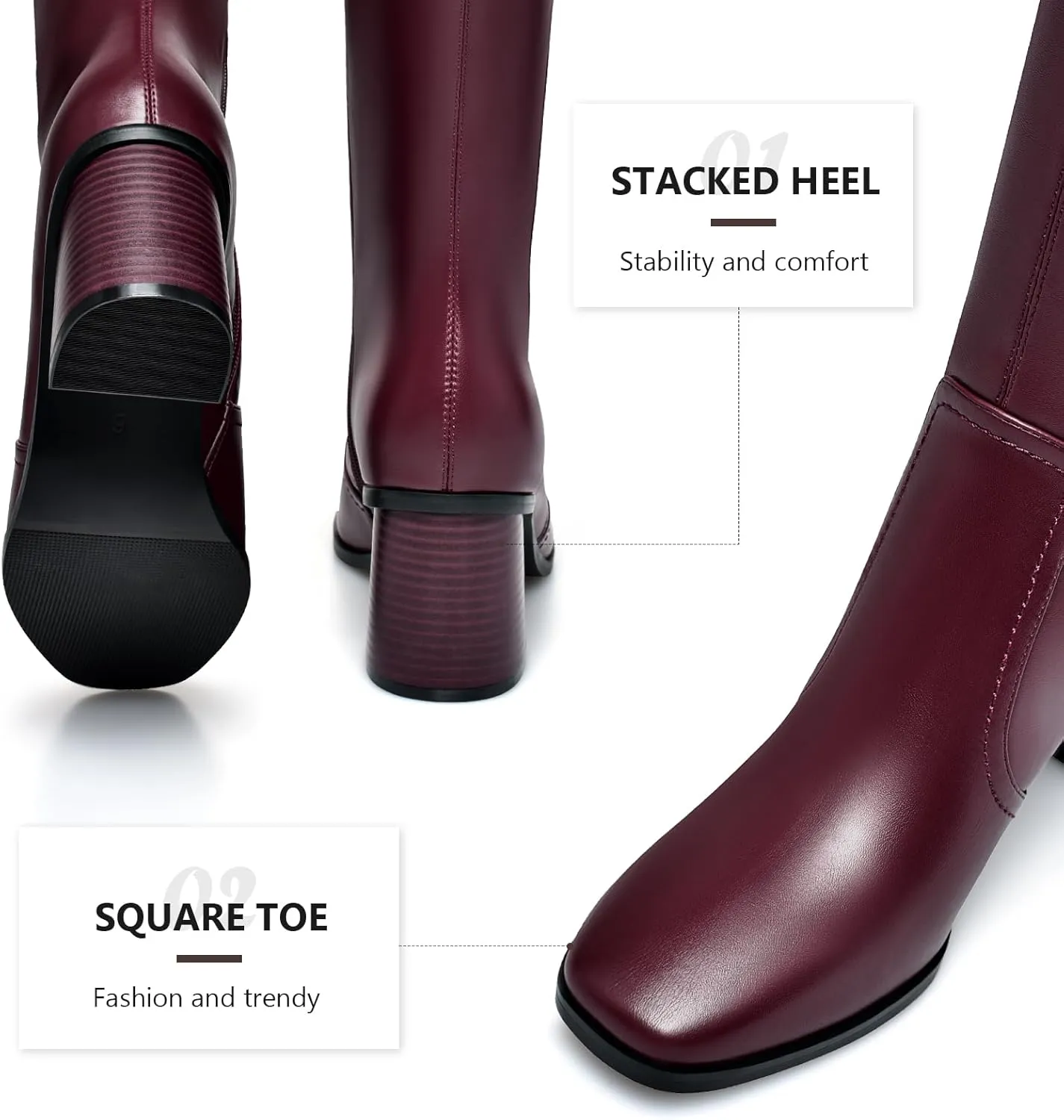 Knee High Boots for Women Chunky Heel Square Toe Tall Boots Wide Calf Fashion Long Boot with Side Zipper