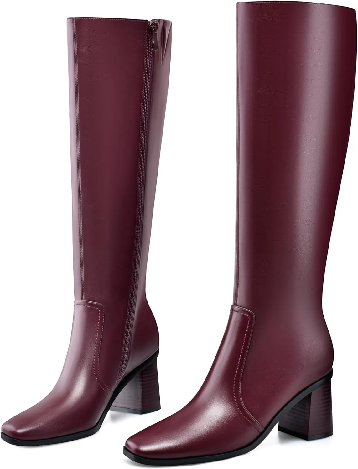 Knee High Boots for Women Chunky Heel Square Toe Tall Boots Wide Calf Fashion Long Boot with Side Zipper