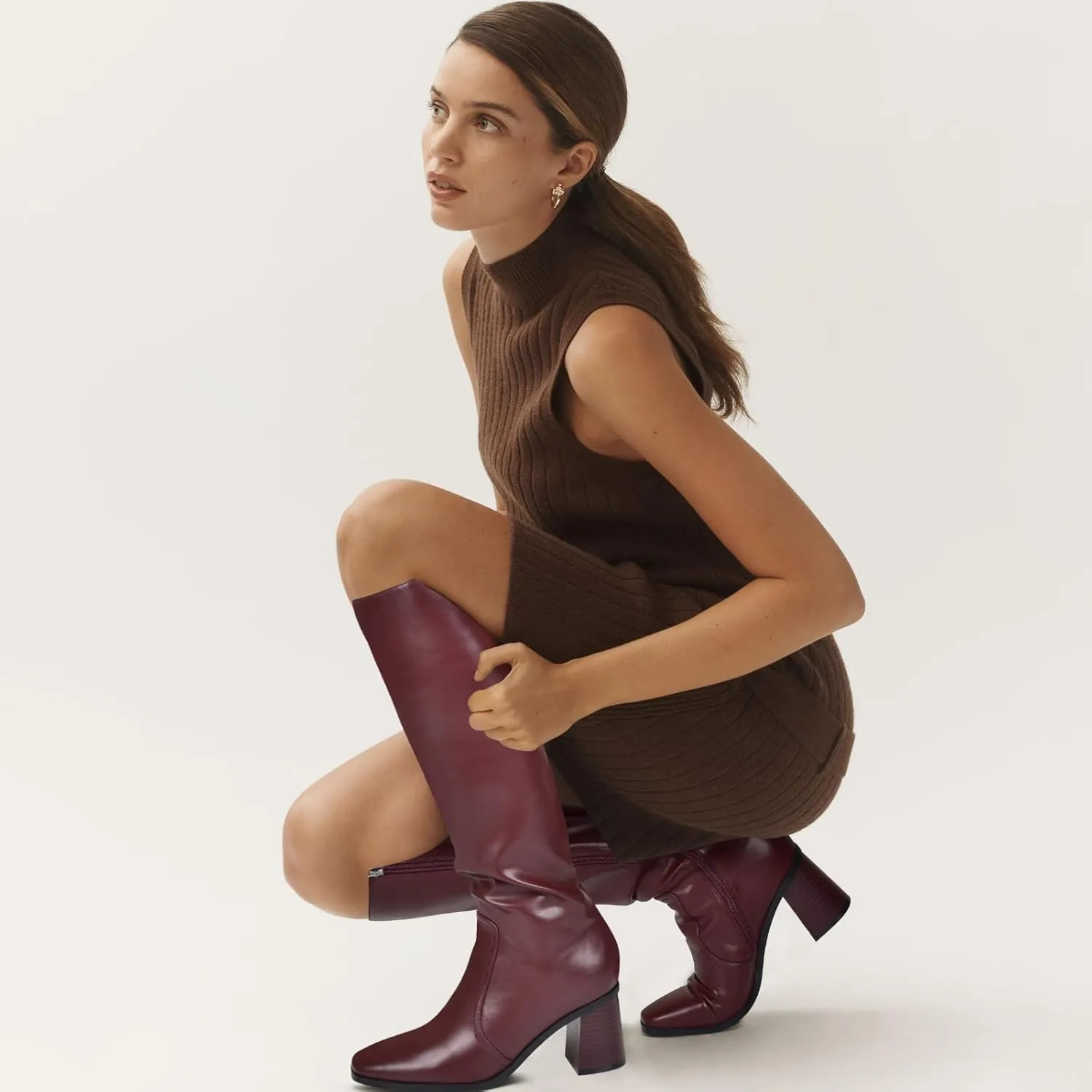 Knee High Boots for Women Chunky Heel Square Toe Tall Boots Wide Calf Fashion Long Boot with Side Zipper