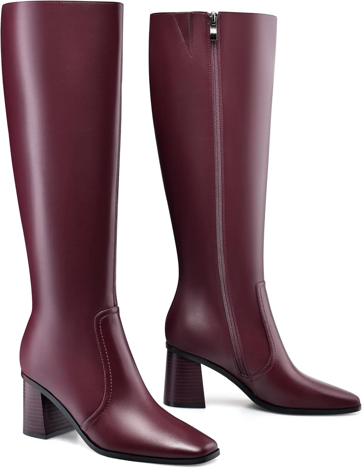 Knee High Boots for Women Chunky Heel Square Toe Tall Boots Wide Calf Fashion Long Boot with Side Zipper
