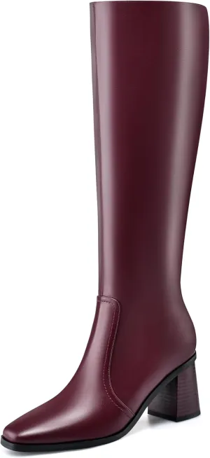 Knee High Boots for Women Chunky Heel Square Toe Tall Boots Wide Calf Fashion Long Boot with Side Zipper