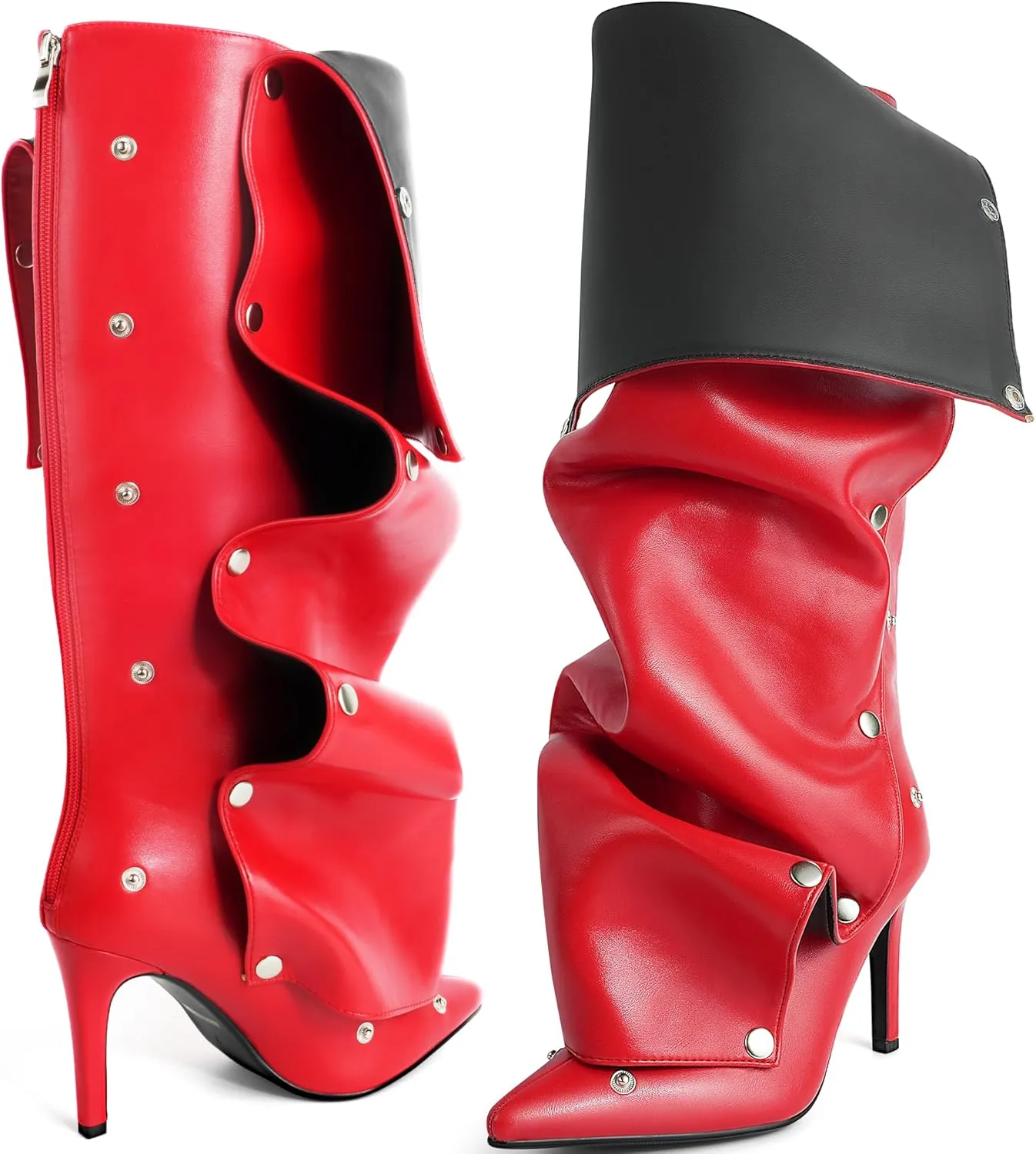 Knee High Boots for Women Stiletto Heel Shark Booties Pointed Toe Slouchy Boot Thigh High Boots with Detachable Snap-off Panel Back Zipper