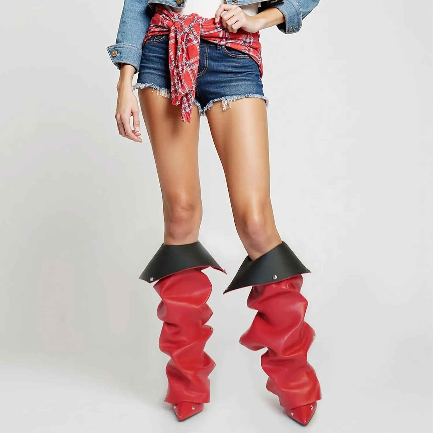 Knee High Boots for Women Stiletto Heel Shark Booties Pointed Toe Slouchy Boot Thigh High Boots with Detachable Snap-off Panel Back Zipper