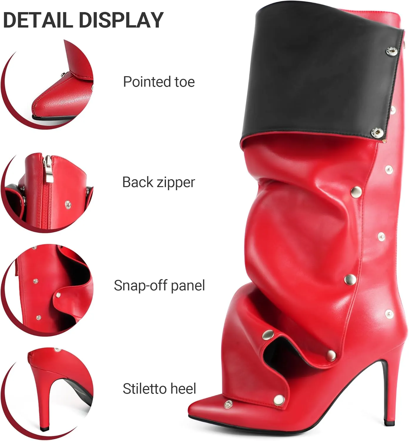 Knee High Boots for Women Stiletto Heel Shark Booties Pointed Toe Slouchy Boot Thigh High Boots with Detachable Snap-off Panel Back Zipper