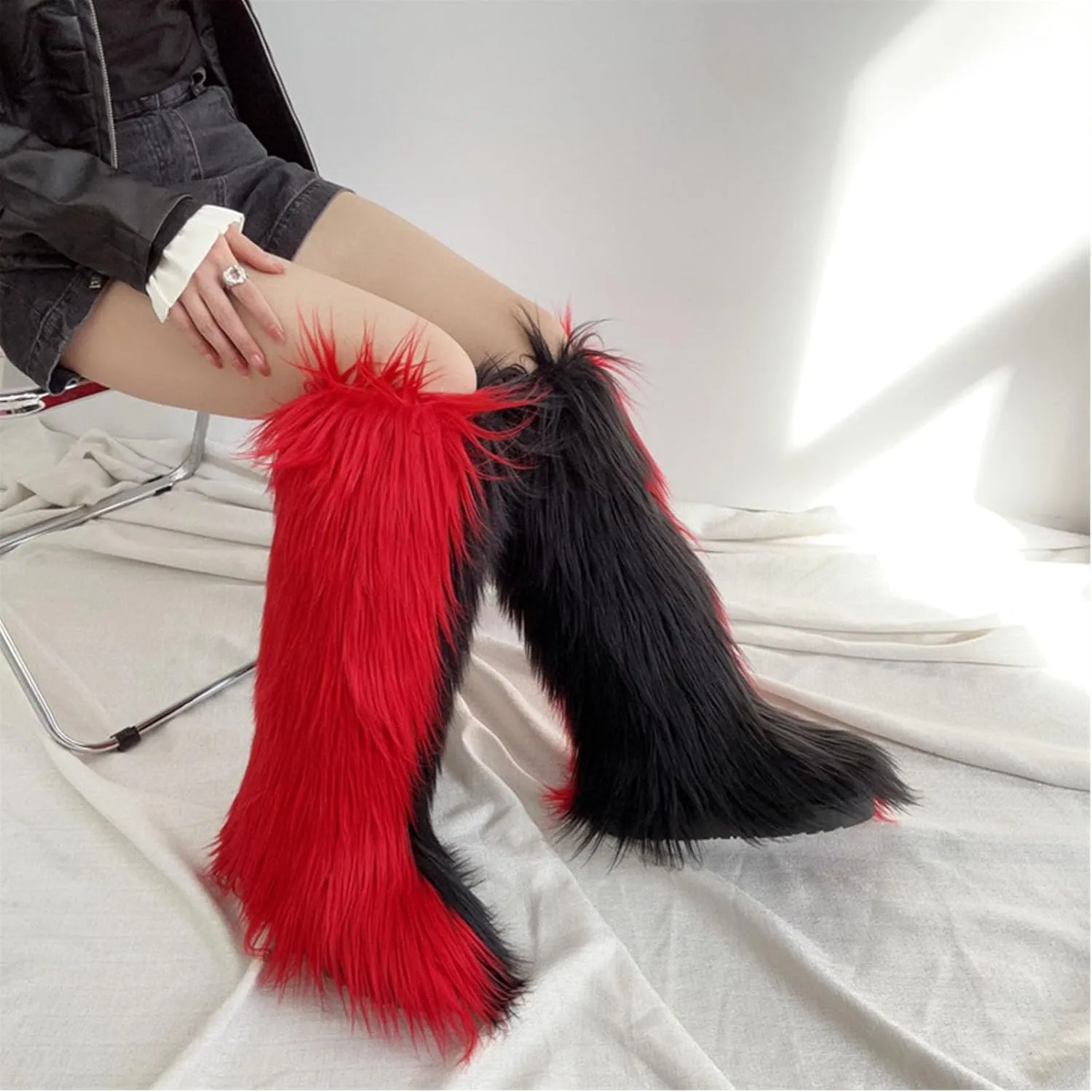 Knee-High Snow Boots, Round Toe Flat Bottom Low Heel Slip-On Boots Short Plush Lining Raw Edge Warm High Boots Daily Solid Color Tassel Casual Boots