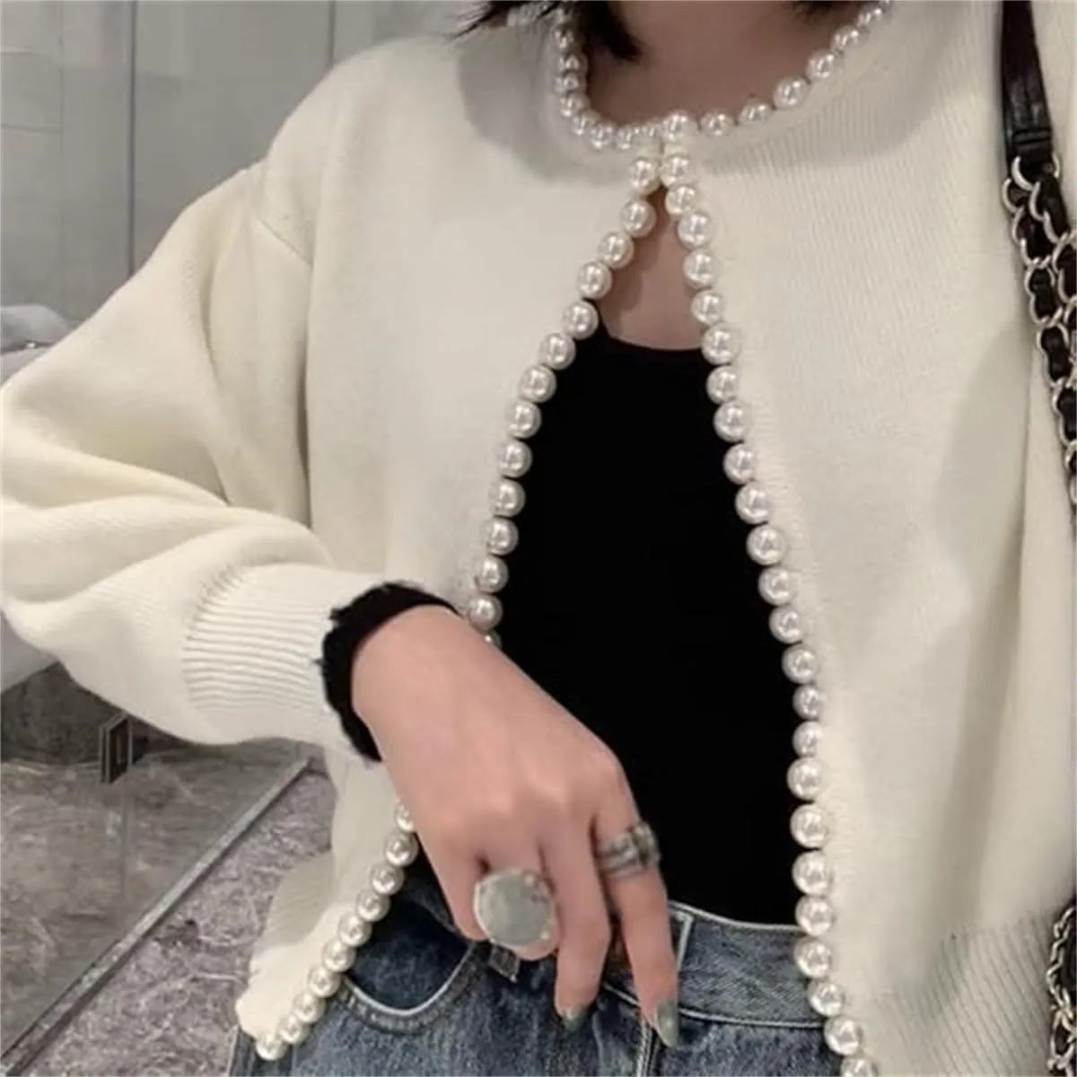 Knitted Cardigan Coat with Pearl Decoration and Irregular Raw Edges, Women's Open Front Long Sleeve Pearls Trim Outwear