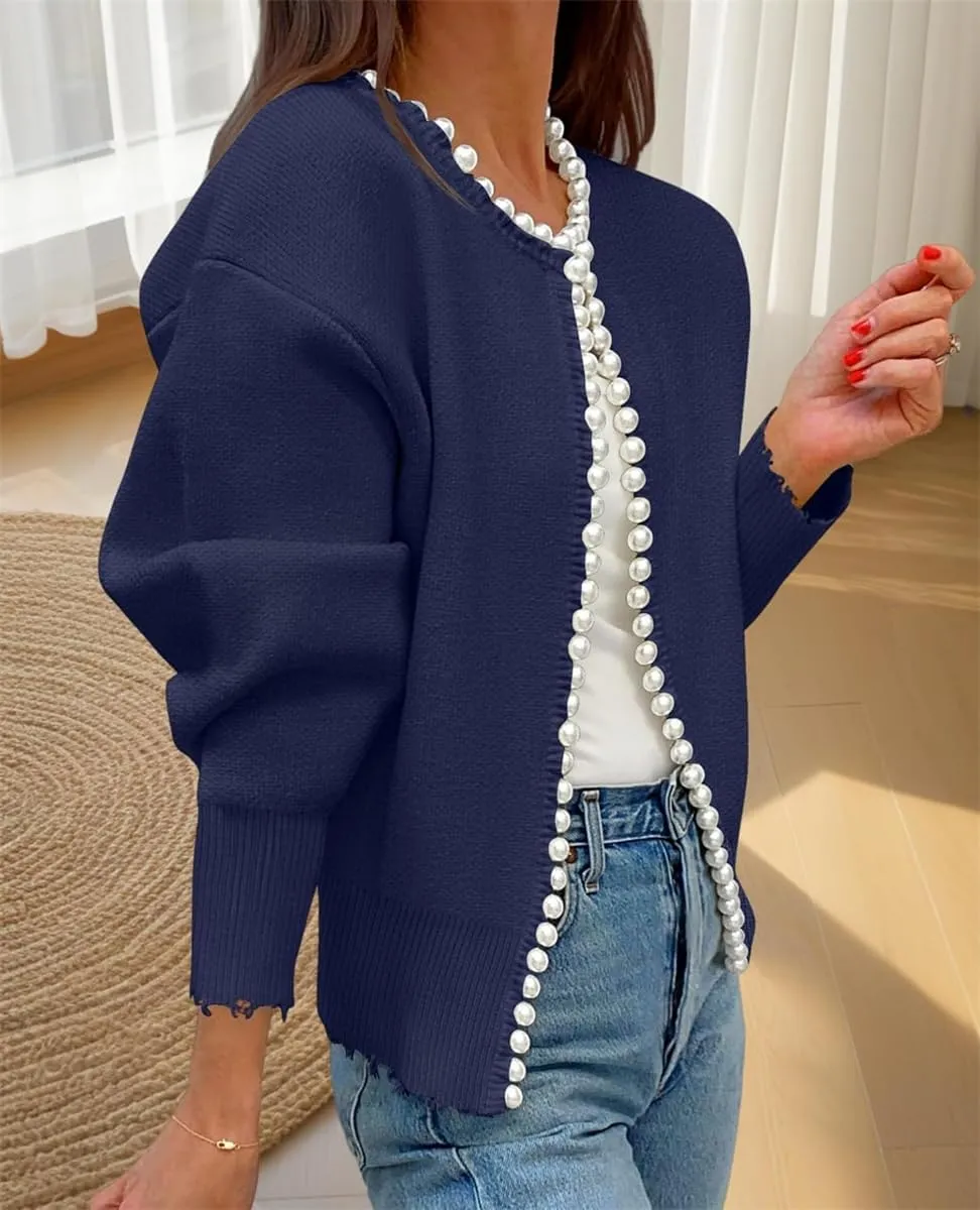 Knitted Cardigan Coat with Pearl Decoration and Irregular Raw Edges, Women's Open Front Long Sleeve Pearls Trim Outwear