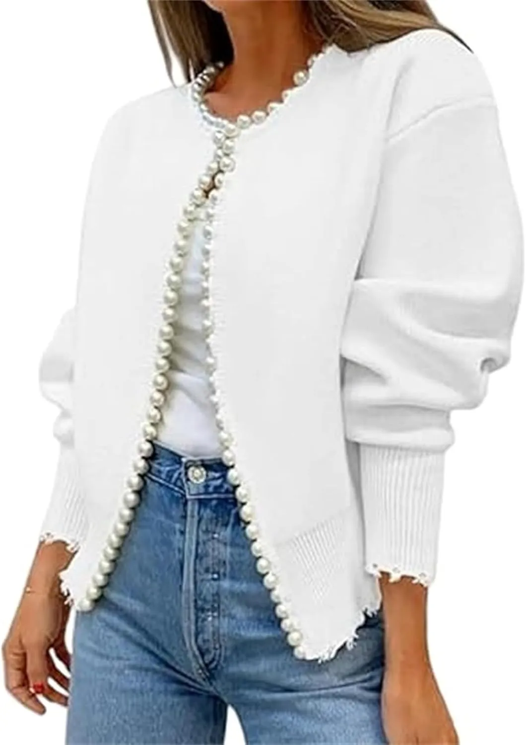 Knitted Cardigan Coat with Pearl Decoration and Irregular Raw Edges, Women's Open Front Long Sleeve Pearls Trim Outwear
