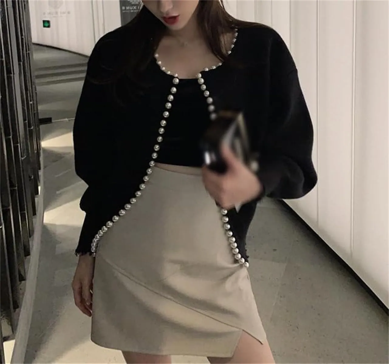 Knitted Cardigan Coat with Pearl Decoration and Irregular Raw Edges, Women's Open Front Long Sleeve Pearls Trim Outwear