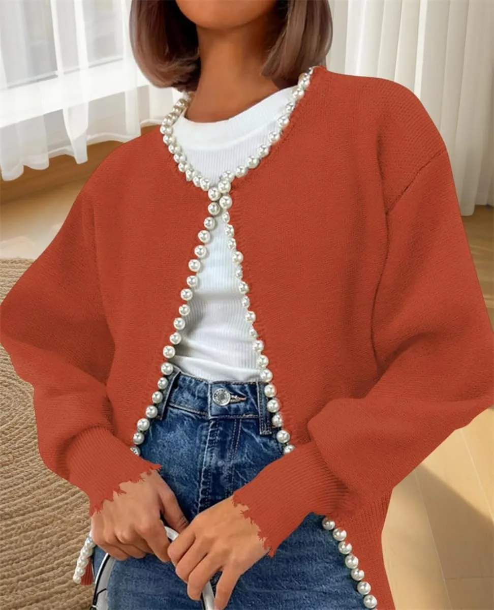 Knitted Cardigan Coat with Pearl Decoration and Irregular Raw Edges, Women's Open Front Long Sleeve Pearls Trim Outwear