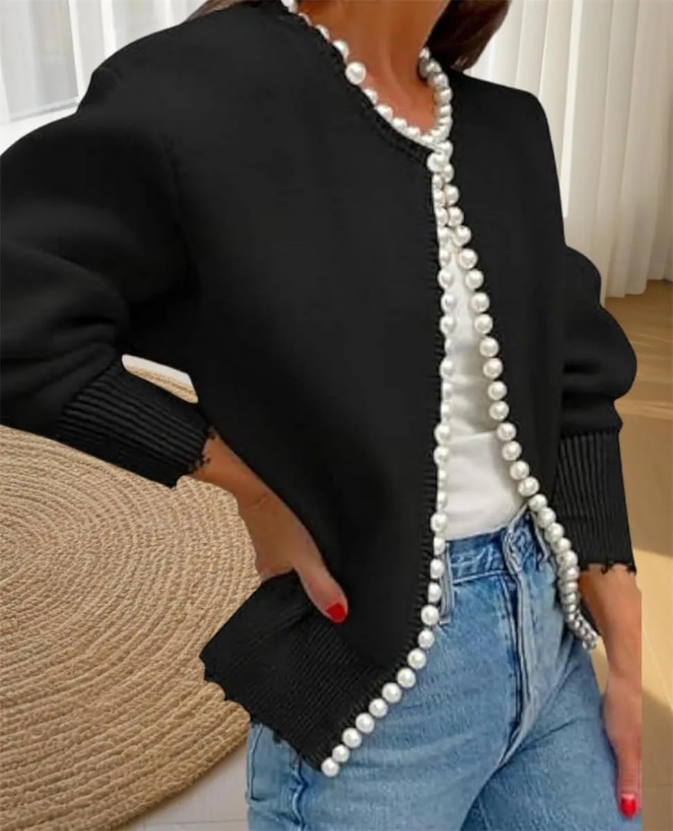 Knitted Cardigan Coat with Pearl Decoration and Irregular Raw Edges, Women's Open Front Long Sleeve Pearls Trim Outwear