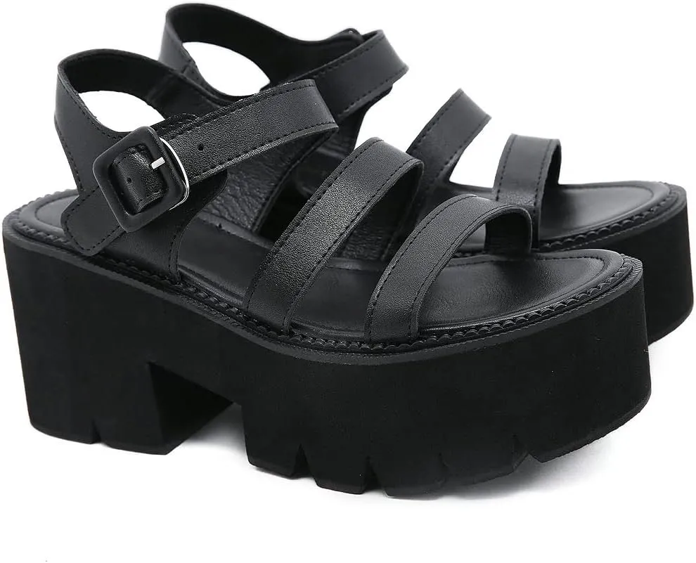 KOKOMOMO Womens Goth Buckle Platform Sandals High Chunky Heels Gladiator Roman Strappy Sandals
