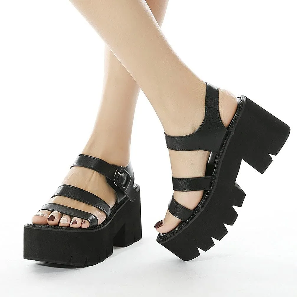 KOKOMOMO Womens Goth Buckle Platform Sandals High Chunky Heels Gladiator Roman Strappy Sandals