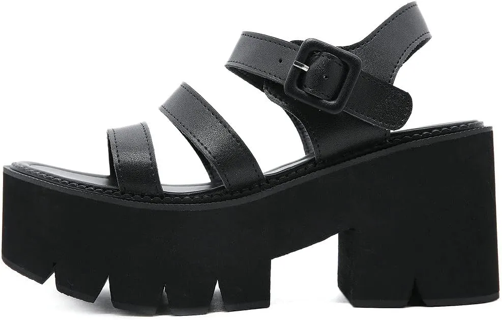 KOKOMOMO Womens Goth Buckle Platform Sandals High Chunky Heels Gladiator Roman Strappy Sandals