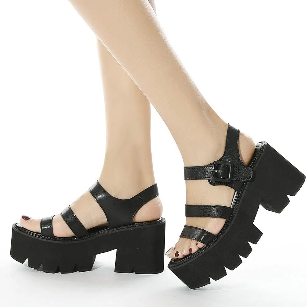 KOKOMOMO Womens Goth Buckle Platform Sandals High Chunky Heels Gladiator Roman Strappy Sandals
