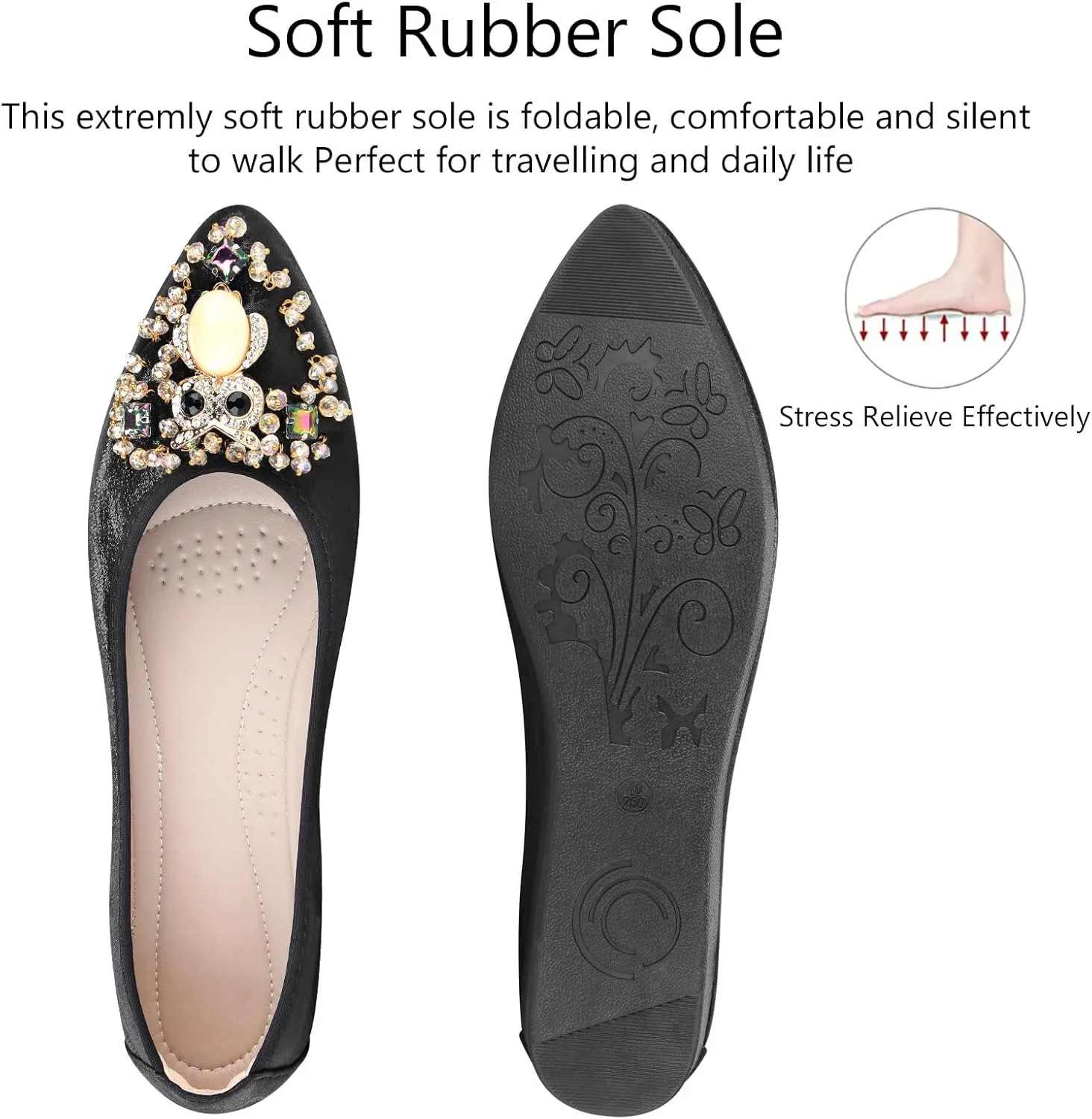 KUNWFNIX Women's Ballet Flats Foldable Classic Crown Rhinestone Slip On Flowers PU Leather Pointed Toe Comfort Flat Casual Dress Shoes