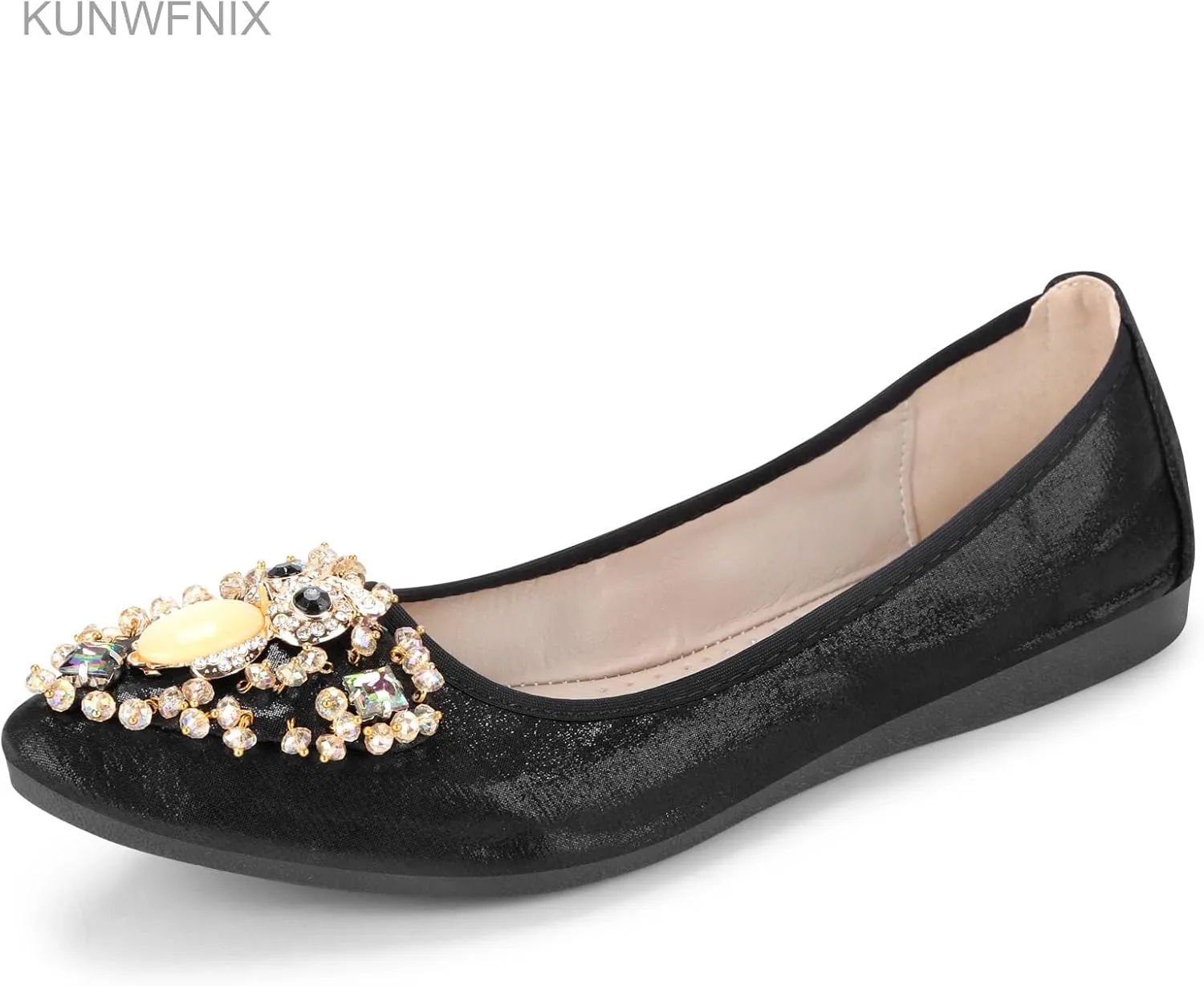 KUNWFNIX Women's Ballet Flats Foldable Classic Crown Rhinestone Slip On Flowers PU Leather Pointed Toe Comfort Flat Casual Dress Shoes