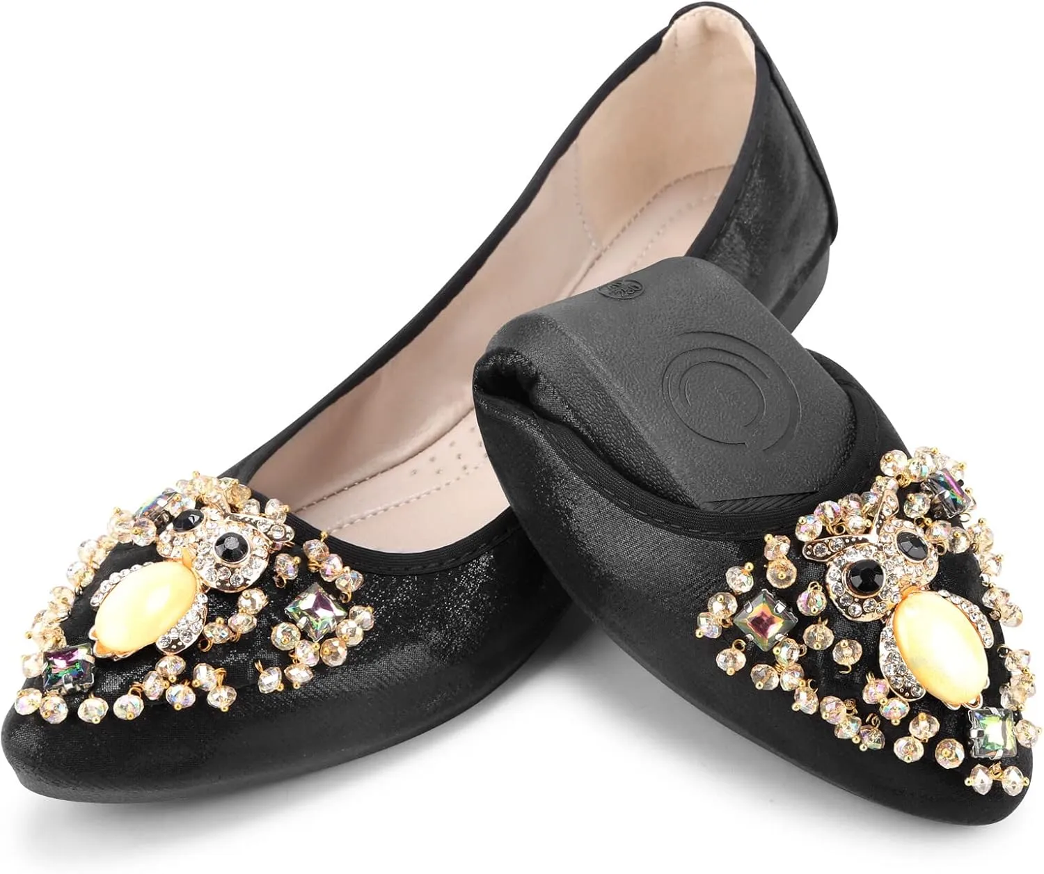 KUNWFNIX Women's Ballet Flats Foldable Classic Crown Rhinestone Slip On Flowers PU Leather Pointed Toe Comfort Flat Casual Dress Shoes