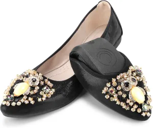 KUNWFNIX Women's Ballet Flats Foldable Classic Crown Rhinestone Slip On Flowers PU Leather Pointed Toe Comfort Flat Casual Dress Shoes