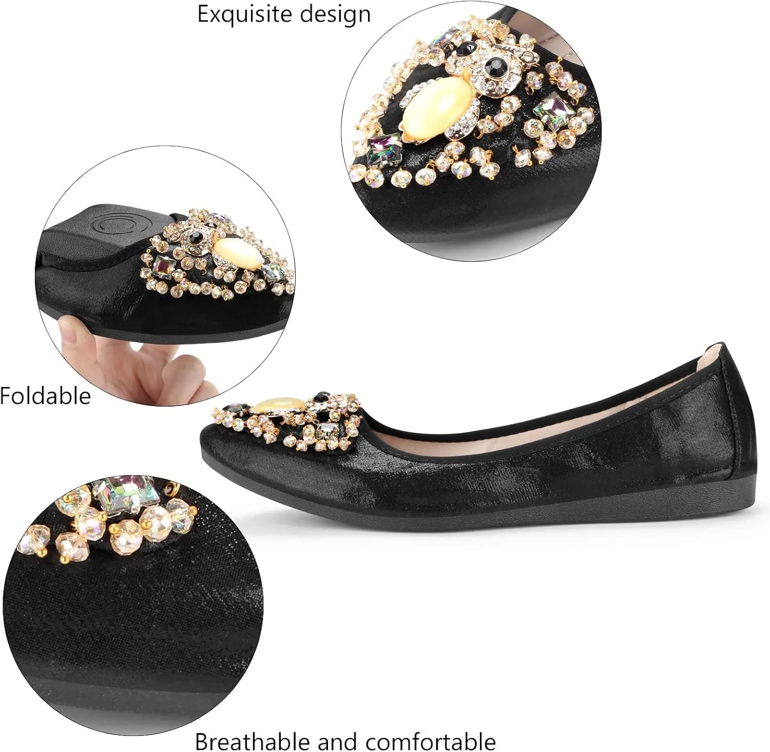 KUNWFNIX Women's Ballet Flats Foldable Classic Crown Rhinestone Slip On Flowers PU Leather Pointed Toe Comfort Flat Casual Dress Shoes