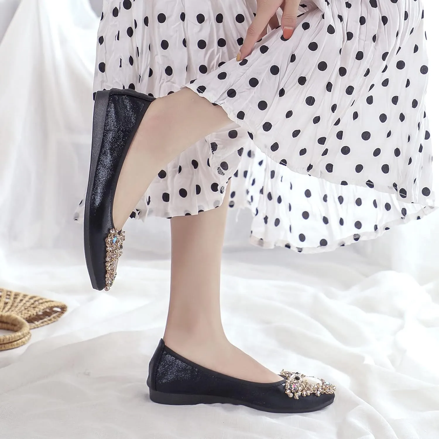 KUNWFNIX Women's Ballet Flats Foldable Classic Crown Rhinestone Slip On Flowers PU Leather Pointed Toe Comfort Flat Casual Dress Shoes