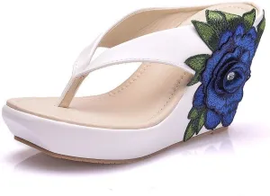 Ladies Flip Flop Sandals 9Cm Wedge Slippers Embroidered Flower Sandals Plus Size Platform Roman Sandals