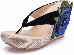 Ladies Flip Flop Sandals 9Cm Wedge Slippers Embroidered Flower Sandals Plus Size Platform Roman Sandals