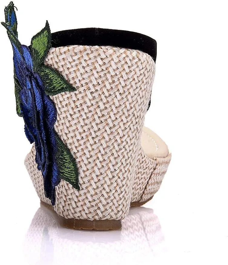 Ladies Flip Flop Sandals 9Cm Wedge Slippers Embroidered Flower Sandals Plus Size Platform Roman Sandals