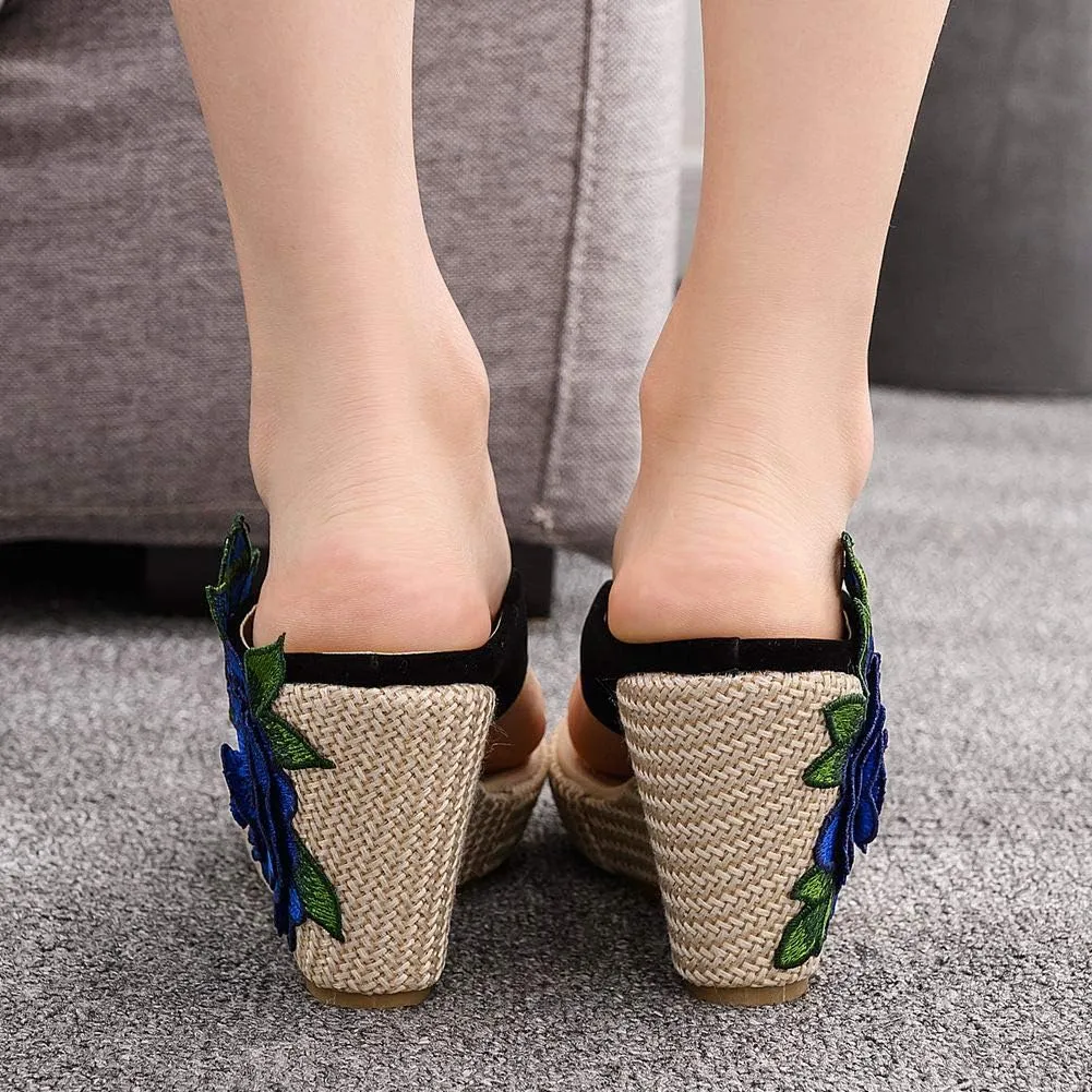 Ladies Flip Flop Sandals 9Cm Wedge Slippers Embroidered Flower Sandals Plus Size Platform Roman Sandals