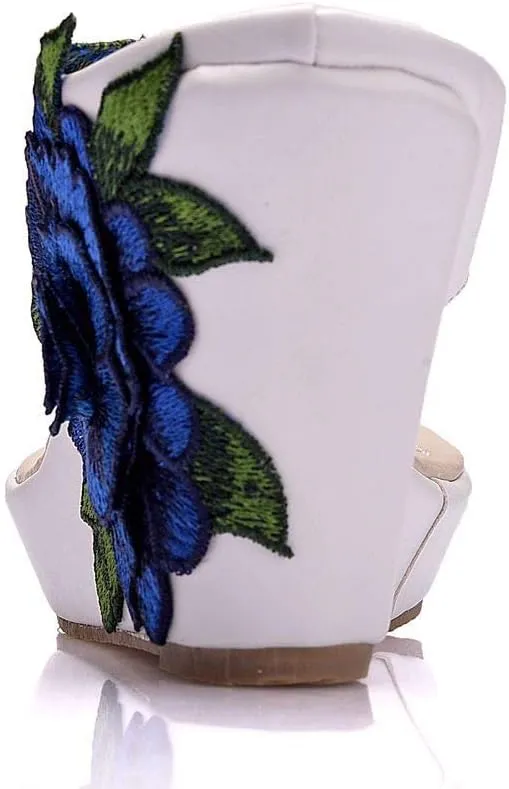 Ladies Flip Flop Sandals 9Cm Wedge Slippers Embroidered Flower Sandals Plus Size Platform Roman Sandals