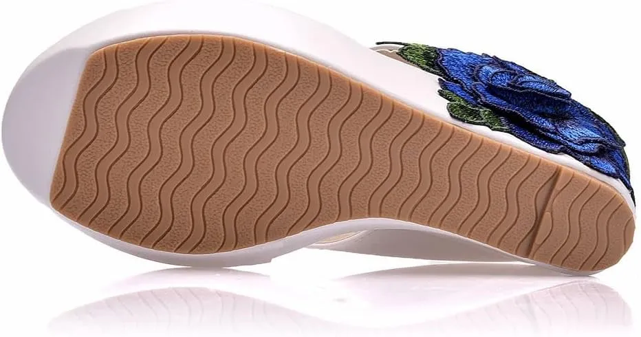 Ladies Flip Flop Sandals 9Cm Wedge Slippers Embroidered Flower Sandals Plus Size Platform Roman Sandals