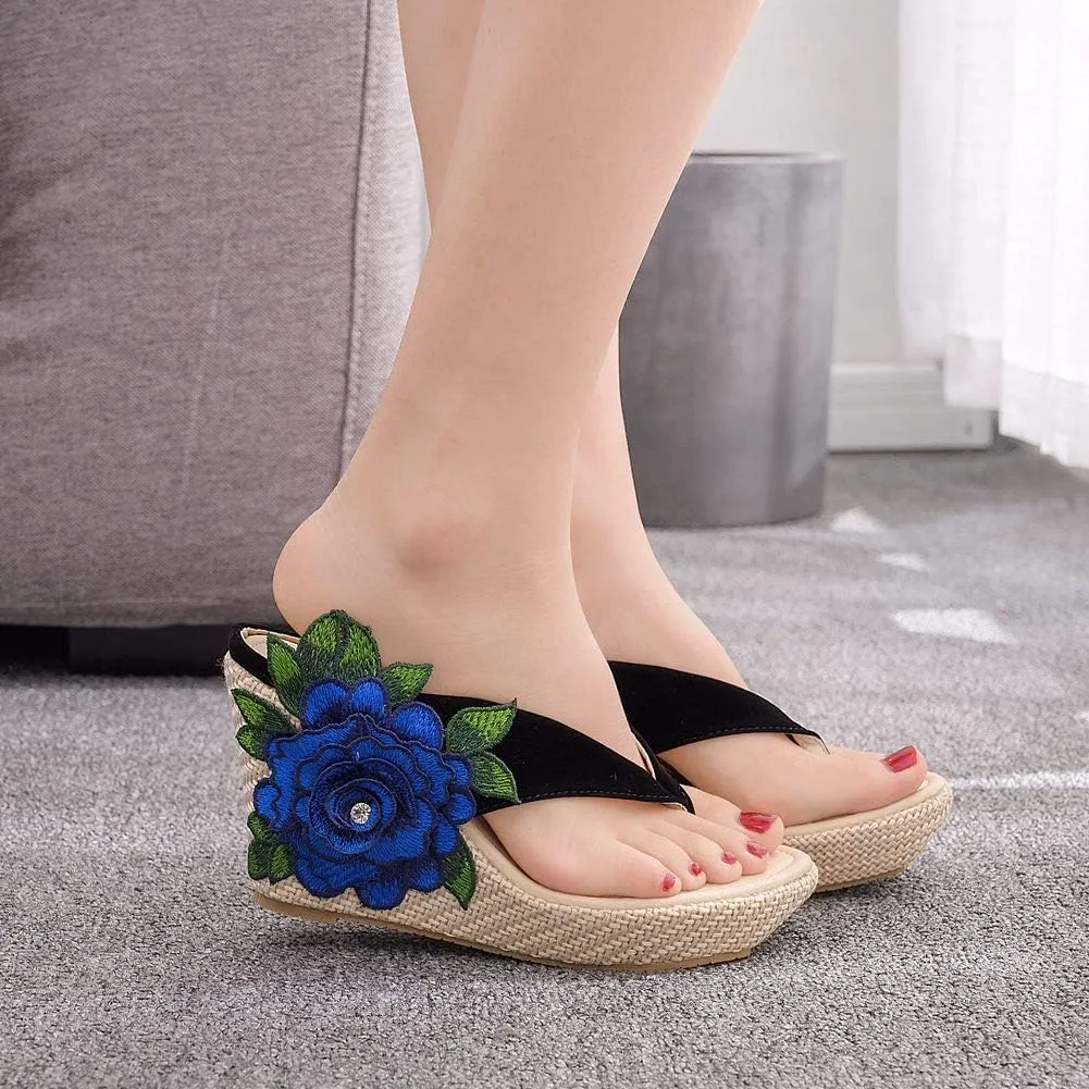 Ladies Flip Flop Sandals 9Cm Wedge Slippers Embroidered Flower Sandals Plus Size Platform Roman Sandals