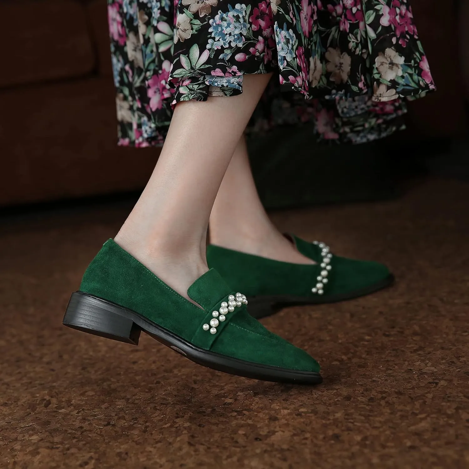 LEHOOR Women Penny Loafers Round Toe Slip On Drive Shoes Suede Leather Pearl Decoration Flats Comfort 1 Inch Heel Closed Toe Office Casual Dress Loafer Shoes Size 4-11 M US