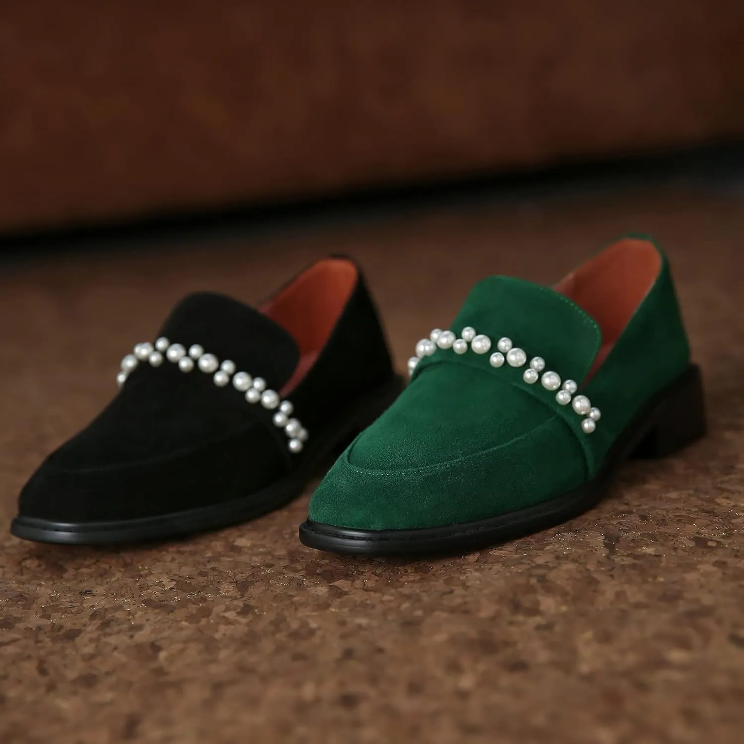 LEHOOR Women Penny Loafers Round Toe Slip On Drive Shoes Suede Leather Pearl Decoration Flats Comfort 1 Inch Heel Closed Toe Office Casual Dress Loafer Shoes Size 4-11 M US