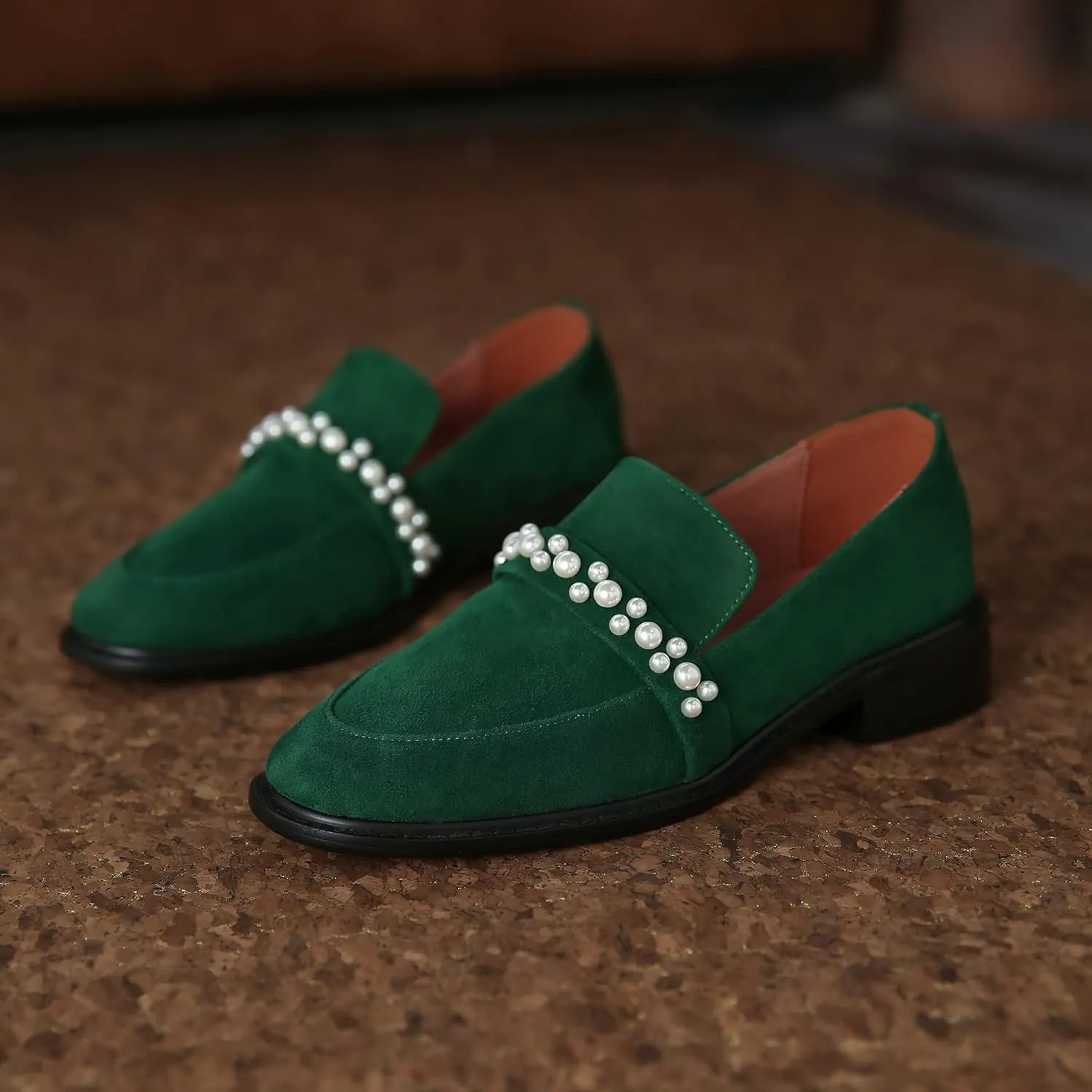 LEHOOR Women Penny Loafers Round Toe Slip On Drive Shoes Suede Leather Pearl Decoration Flats Comfort 1 Inch Heel Closed Toe Office Casual Dress Loafer Shoes Size 4-11 M US