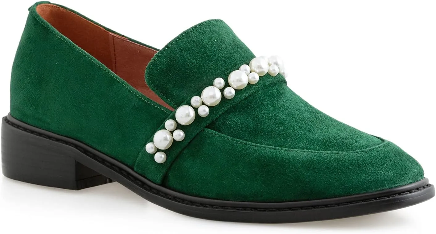 LEHOOR Women Penny Loafers Round Toe Slip On Drive Shoes Suede Leather Pearl Decoration Flats Comfort 1 Inch Heel Closed Toe Office Casual Dress Loafer Shoes Size 4-11 M US