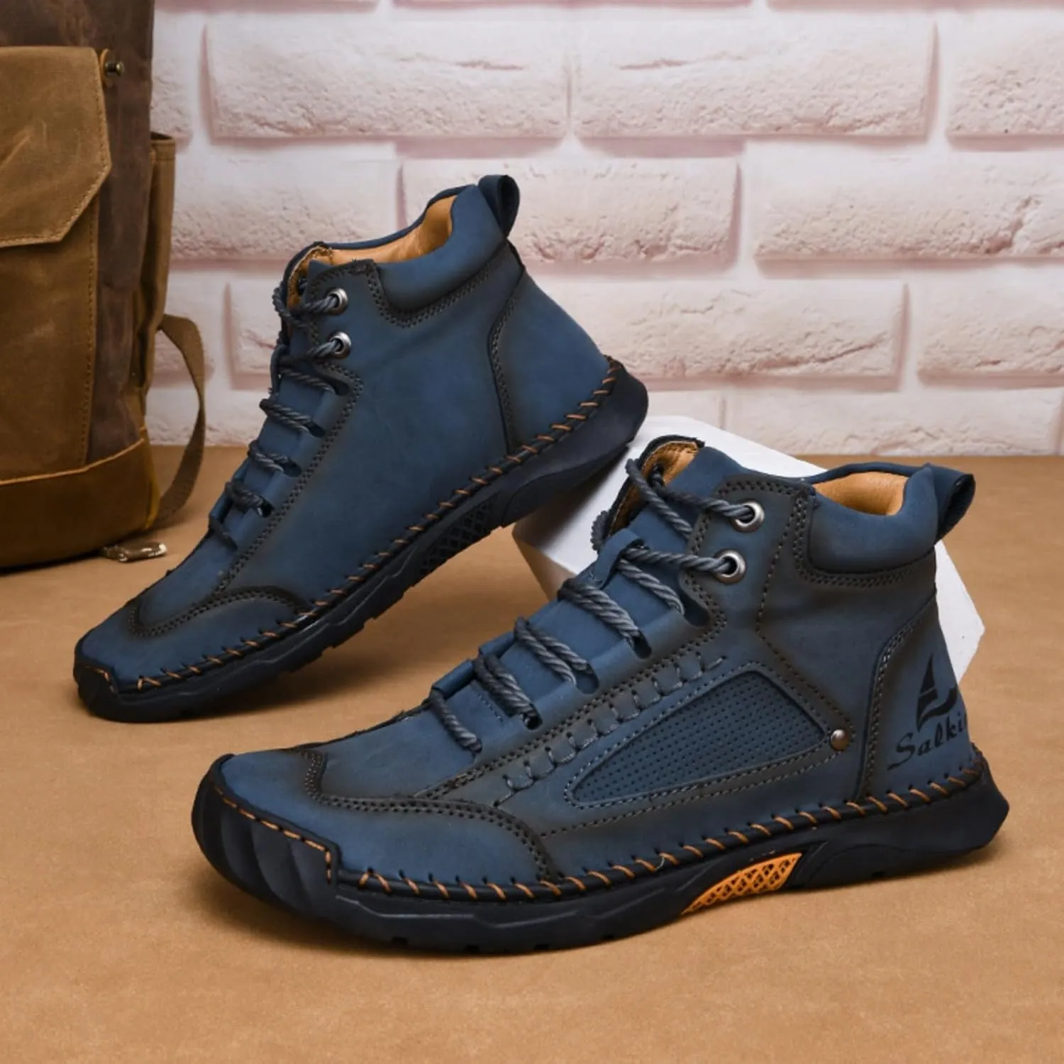 LELEBEAR Sawbehind Mens Boots Waterproof Leather Shoes, Comfortable Handmade Outdoor Boots with Arch Support and Non-Slip Rubber Sole