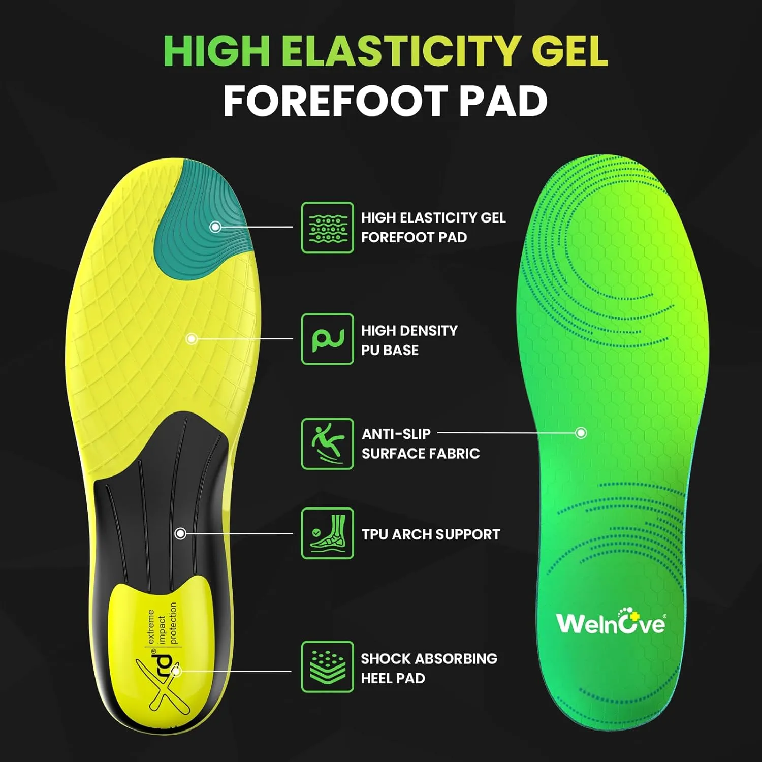 Lightweight Running Sport Insoles for Men Women - Welnove Shock Absorption & Cushioning Shoe Insert for Active Lifestyle,Planter Facetious Inserts,Heel Spur Relief,2XL:Men's 10.5-11.5,Women's 12.5-13