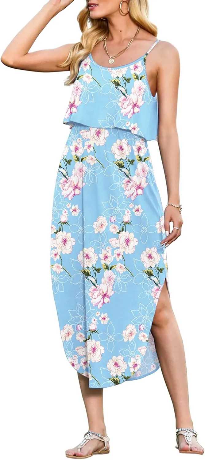 LILBETTER Women's Adjustable Strappy Split Summer Beach Casual Midi Dress