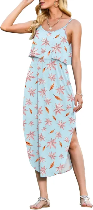 LILBETTER Women's Adjustable Strappy Split Summer Beach Casual Midi Dress