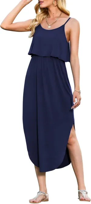 LILBETTER Women's Adjustable Strappy Split Summer Beach Casual Midi Dress