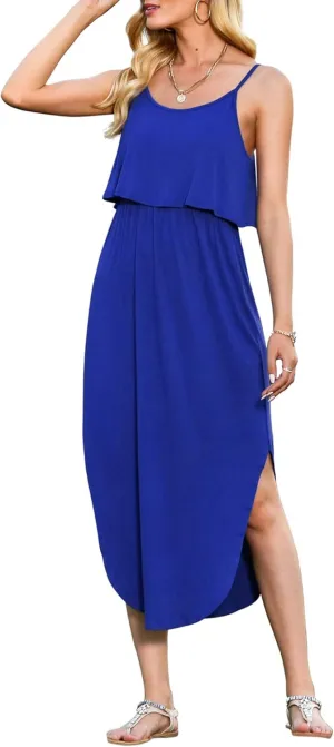 LILBETTER Women's Adjustable Strappy Split Summer Beach Casual Midi Dress