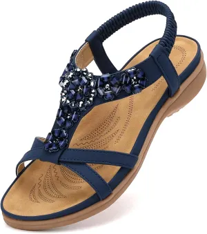 Littleplum Sandals Women Flat Dressy Sandal Summer Comfortable Slip-on Casual Beach Shoes Dress Bohemian Ankle Elastic Flats Sandals