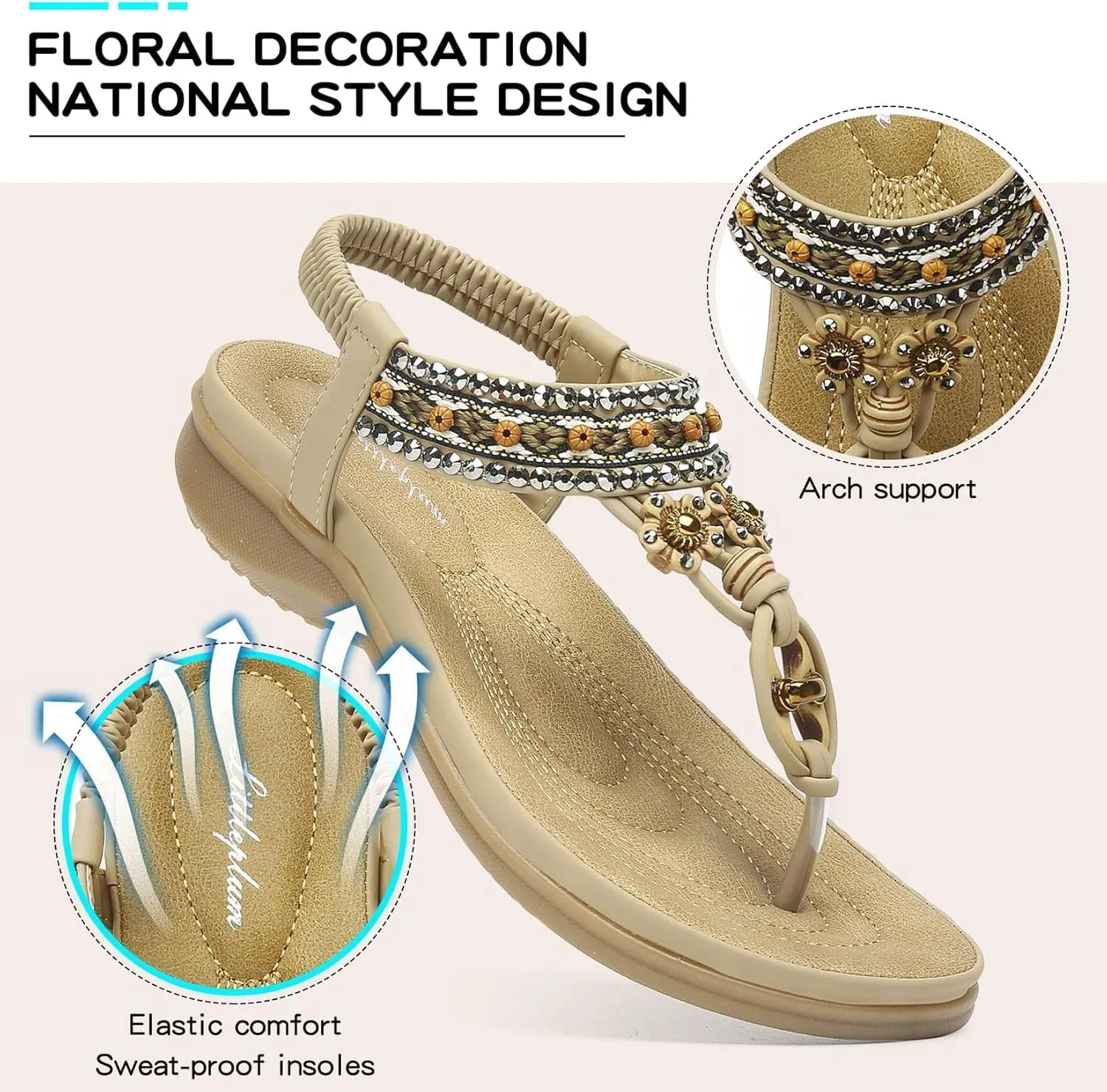 Littleplum Womens Sandals Arch Support Summer Beach Sandals Comfort Walking Shoes Bohemian Flip Flops Sandals for Women
