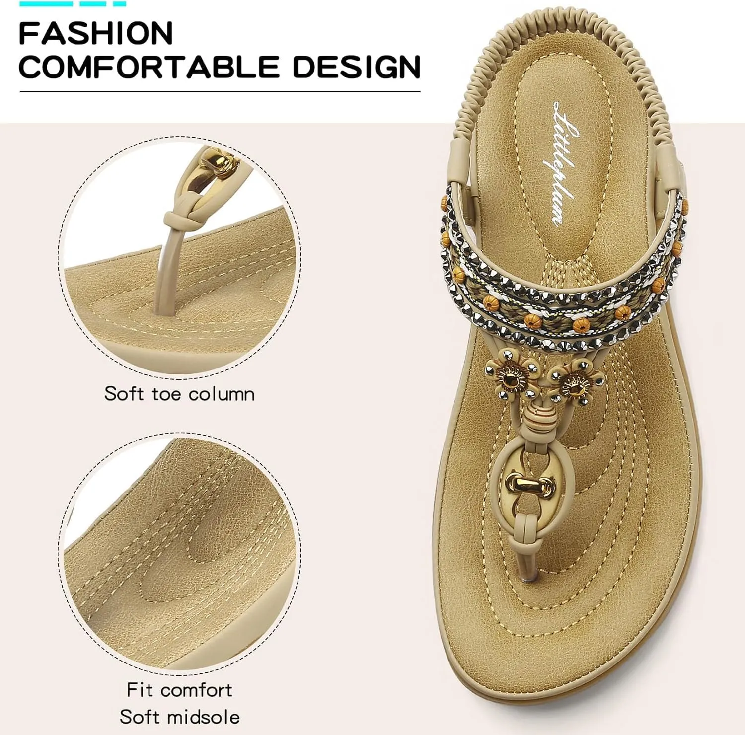 Littleplum Womens Sandals Arch Support Summer Beach Sandals Comfort Walking Shoes Bohemian Flip Flops Sandals for Women