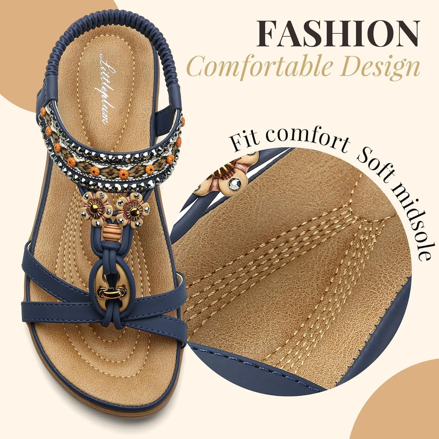 Littleplum Womens Sandals Arch Support Summer Beach Sandals Comfort Walking Shoes Bohemian Flip Flops Sandals for Women